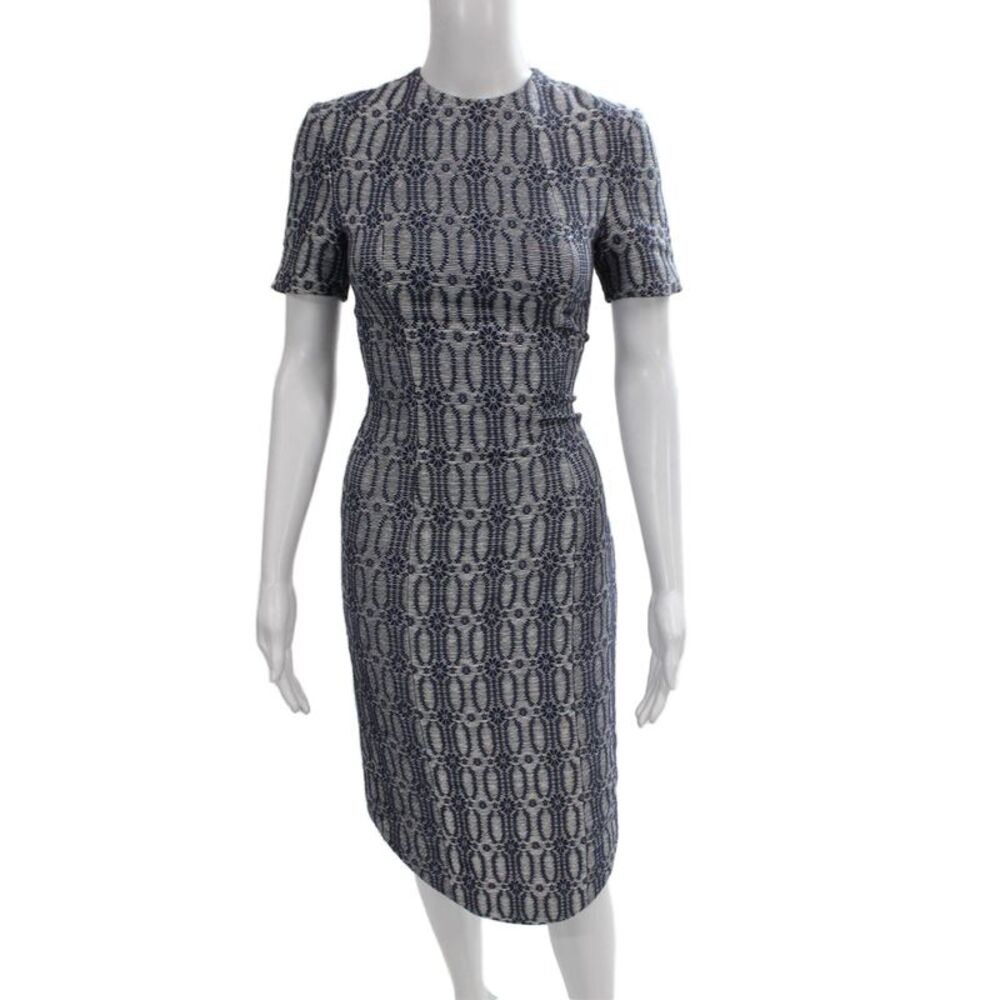Thom Browne Womens Blue Geometric Cotton Sheath Dress Short Sleeve Zip Size XS